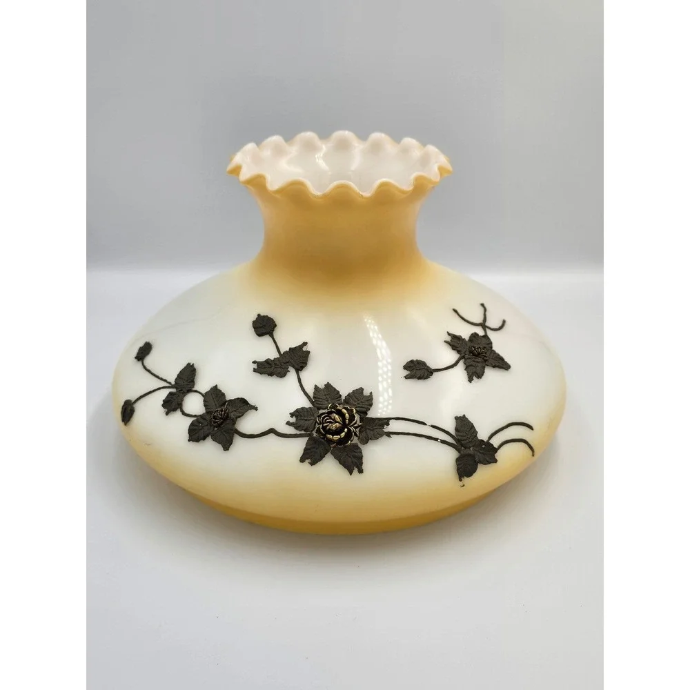 Vintage Frosted Glass Lamp Shade Amber Tint Floral‎ Applique Ruffled Rim, large